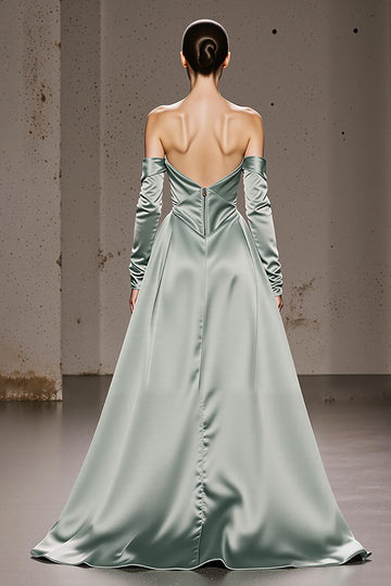 Mint Green A-Line Off The Shoulder Maxi Evening Dress with Long Sleeves